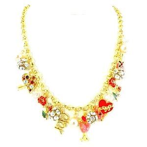 Womens Holiday Lane Romance Themed Faux Pearl, CZ/Rhinestone & Enamel Necklace